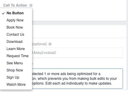 facebook ads: call to action button opzioni di scelta