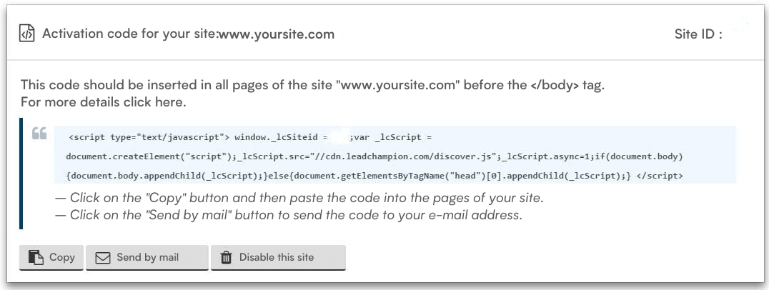 Activation code for your site www.yoursite.com (1)
